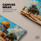 Panoramic painting of Masjid Al Aqsa complex in Jerusalem featuring the golden Dome of the Rock rising above stone walls and blue tiled architecture. Olive trees stand in the foreground while textured brushstrokes capture the historic Islamic shrine beneath a bright sky with scattered clouds across the wide composition.