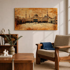 Panoramic sepia toned painting of the Kaaba at Masjid Al Haram in Mecca centered within the expansive mosque courtyard. Surrounding arcades, tall minarets and domed structures frame the sacred cube while small figures move across the marble plaza beneath a warm textured sky.