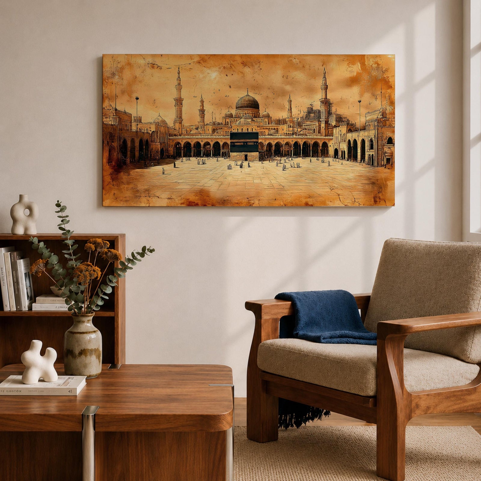 Panoramic sepia toned painting of the Kaaba at Masjid Al Haram in Mecca centered within the expansive mosque courtyard. Surrounding arcades, tall minarets and domed structures frame the sacred cube while small figures move across the marble plaza beneath a warm textured sky.