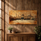 Panoramic sepia toned painting of the Kaaba at Masjid Al Haram in Mecca centered within the expansive mosque courtyard. Surrounding arcades, tall minarets and domed structures frame the sacred cube while small figures move across the marble plaza beneath a warm textured sky.