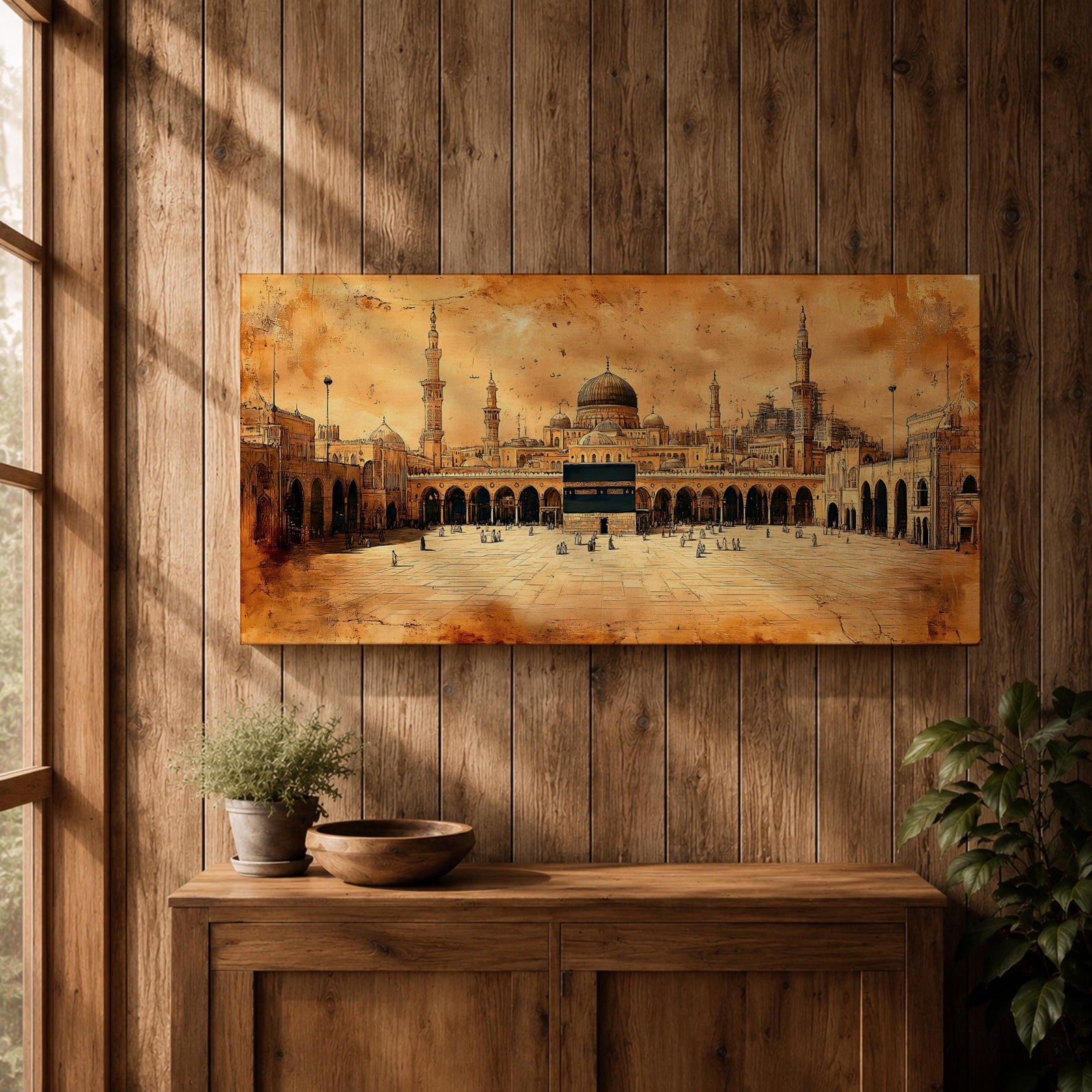 Panoramic sepia toned painting of the Kaaba at Masjid Al Haram in Mecca centered within the expansive mosque courtyard. Surrounding arcades, tall minarets and domed structures frame the sacred cube while small figures move across the marble plaza beneath a warm textured sky.