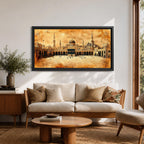 Panoramic sepia toned painting of the Kaaba at Masjid Al Haram in Mecca centered within the expansive mosque courtyard. Surrounding arcades, tall minarets and domed structures frame the sacred cube while small figures move across the marble plaza beneath a warm textured sky.