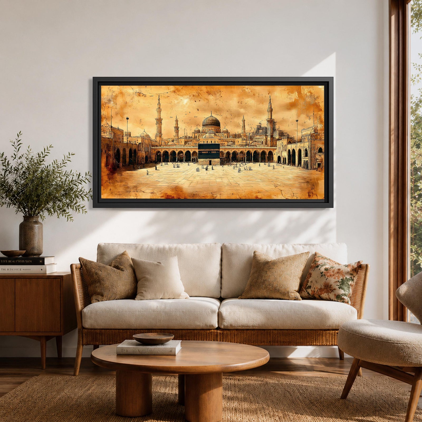 Panoramic sepia toned painting of the Kaaba at Masjid Al Haram in Mecca centered within the expansive mosque courtyard. Surrounding arcades, tall minarets and domed structures frame the sacred cube while small figures move across the marble plaza beneath a warm textured sky.