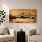 Panoramic sepia toned painting of the Kaaba at Masjid Al Haram in Mecca centered within the expansive mosque courtyard. Surrounding arcades, tall minarets and domed structures frame the sacred cube while small figures move across the marble plaza beneath a warm textured sky.
