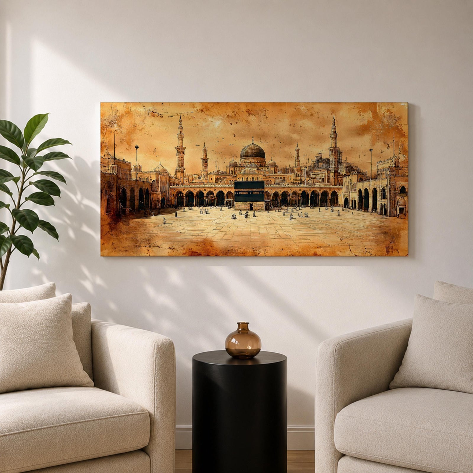 Panoramic sepia toned painting of the Kaaba at Masjid Al Haram in Mecca centered within the expansive mosque courtyard. Surrounding arcades, tall minarets and domed structures frame the sacred cube while small figures move across the marble plaza beneath a warm textured sky.