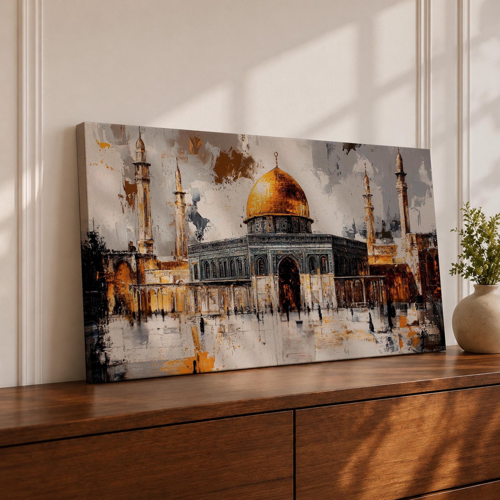 Panoramic painting of the Dome of the Rock within the Haram Al-Sharif complex in Jerusalem featuring the radiant golden dome rising above the octagonal shrine with surrounding minarets and arched courtyards. Expressive brush textures and reflective stone surfaces create a dramatic wide architectural composition.