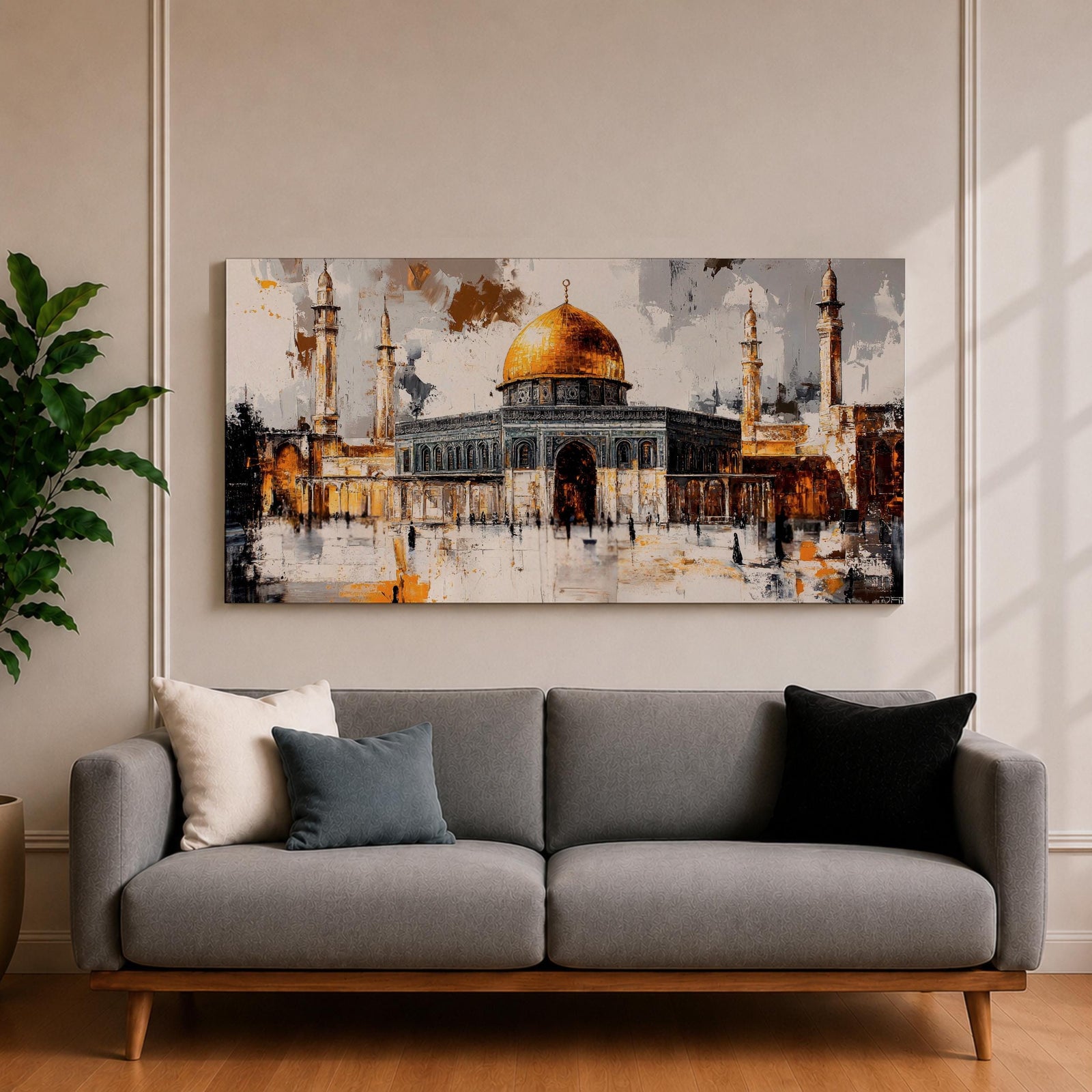 Panoramic painting of the Dome of the Rock within the Haram Al-Sharif complex in Jerusalem featuring the radiant golden dome rising above the octagonal shrine with surrounding minarets and arched courtyards. Expressive brush textures and reflective stone surfaces create a dramatic wide architectural composition.