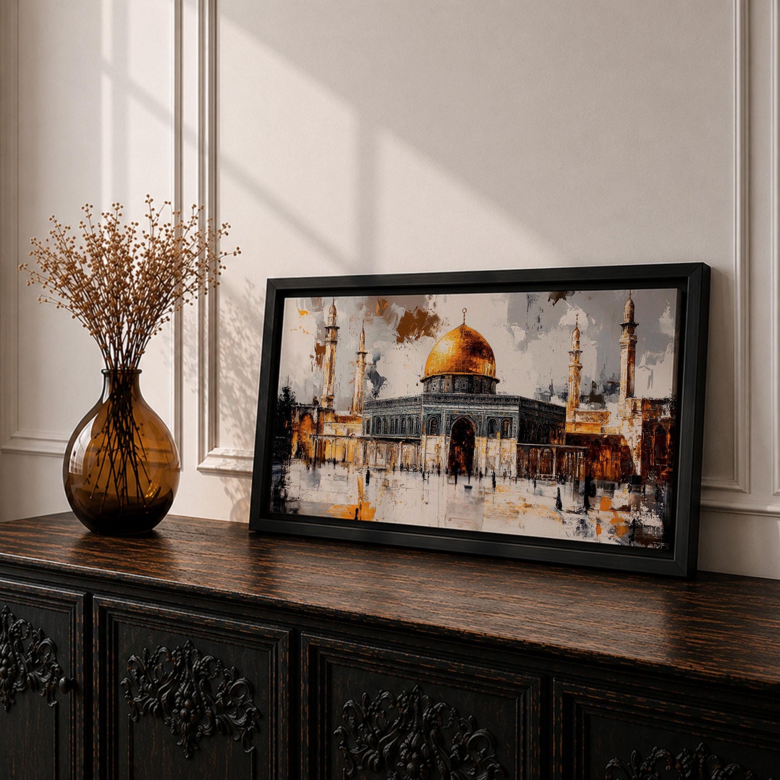 Panoramic painting of the Dome of the Rock within the Haram Al-Sharif complex in Jerusalem featuring the radiant golden dome rising above the octagonal shrine with surrounding minarets and arched courtyards. Expressive brush textures and reflective stone surfaces create a dramatic wide architectural composition.