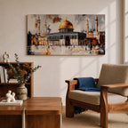 Panoramic painting of the Dome of the Rock within the Haram Al-Sharif complex in Jerusalem featuring the radiant golden dome rising above the octagonal shrine with surrounding minarets and arched courtyards. Expressive brush textures and reflective stone surfaces create a dramatic wide architectural composition.