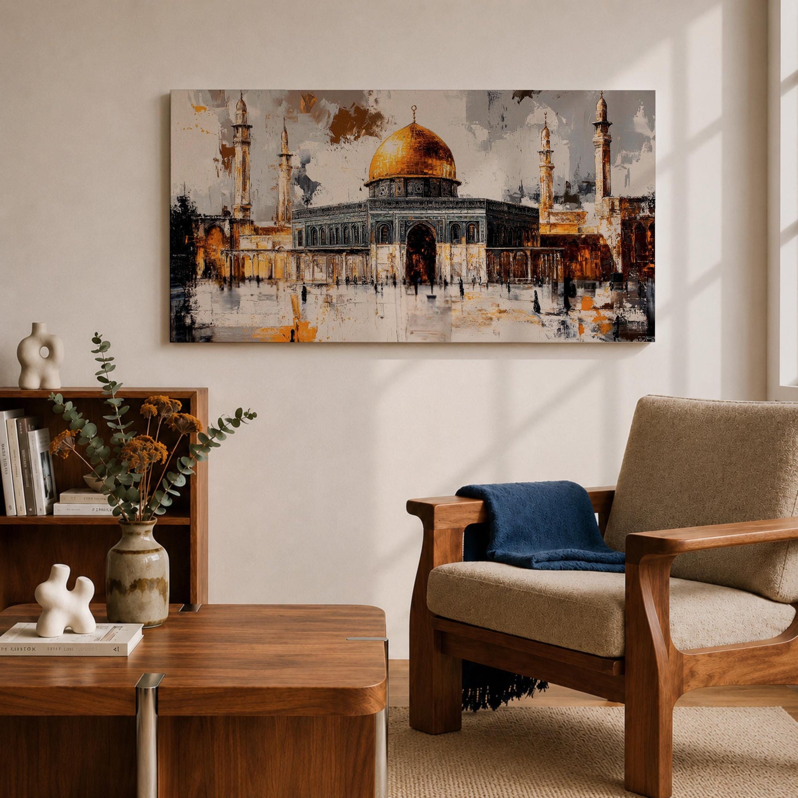 Panoramic painting of the Dome of the Rock within the Haram Al-Sharif complex in Jerusalem featuring the radiant golden dome rising above the octagonal shrine with surrounding minarets and arched courtyards. Expressive brush textures and reflective stone surfaces create a dramatic wide architectural composition.
