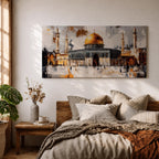 Panoramic painting of the Dome of the Rock within the Haram Al-Sharif complex in Jerusalem featuring the radiant golden dome rising above the octagonal shrine with surrounding minarets and arched courtyards. Expressive brush textures and reflective stone surfaces create a dramatic wide architectural composition.