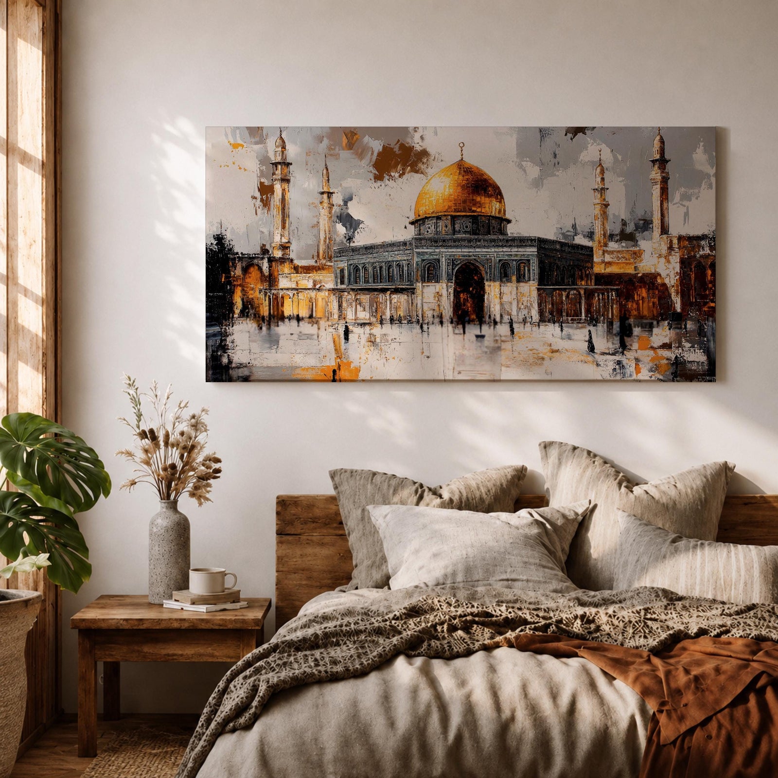 Panoramic painting of the Dome of the Rock within the Haram Al-Sharif complex in Jerusalem featuring the radiant golden dome rising above the octagonal shrine with surrounding minarets and arched courtyards. Expressive brush textures and reflective stone surfaces create a dramatic wide architectural composition.