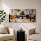 Panoramic painting of the Dome of the Rock within the Haram Al-Sharif complex in Jerusalem featuring the radiant golden dome rising above the octagonal shrine with surrounding minarets and arched courtyards. Expressive brush textures and reflective stone surfaces create a dramatic wide architectural composition.