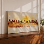 Panoramic painting of Jesus seated at the center of a long table surrounded by his apostles during the Last Supper inside a softly lit room. Thick expressive brushstrokes form flowing robes detailed faces bread and cups on the table creating a wide biblical scene with warm glowing tones and layered texture.