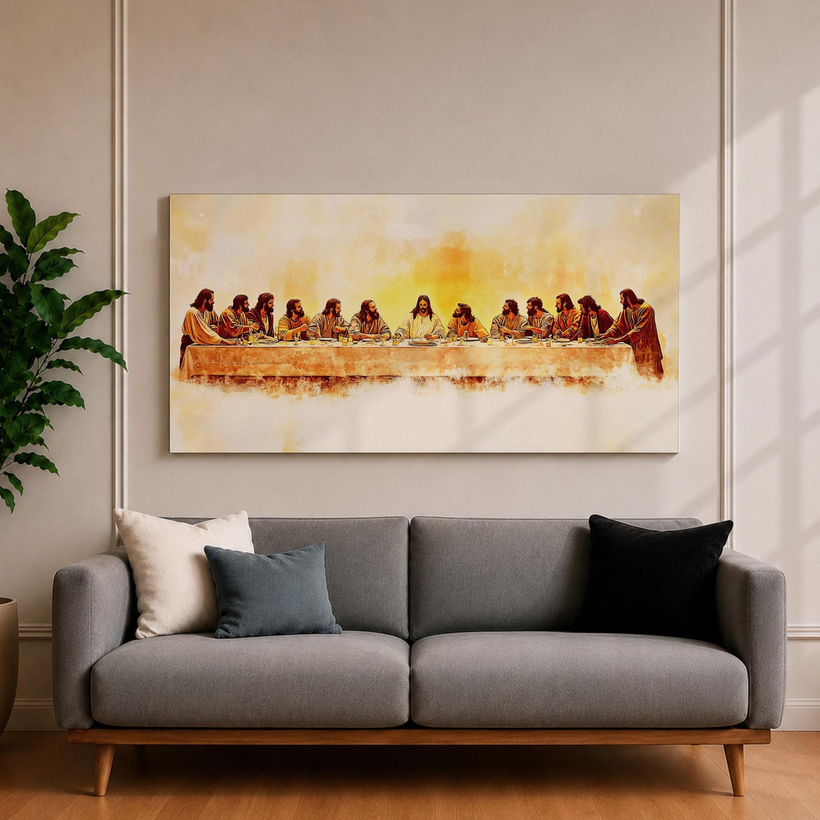 Panoramic painting of Jesus seated at the center of a long table surrounded by his apostles during the Last Supper inside a softly lit room. Thick expressive brushstrokes form flowing robes detailed faces bread and cups on the table creating a wide biblical scene with warm glowing tones and layered texture.
