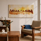Panoramic painting of Jesus seated at the center of a long table surrounded by his apostles during the Last Supper inside a softly lit room. Thick expressive brushstrokes form flowing robes detailed faces bread and cups on the table creating a wide biblical scene with warm glowing tones and layered texture.