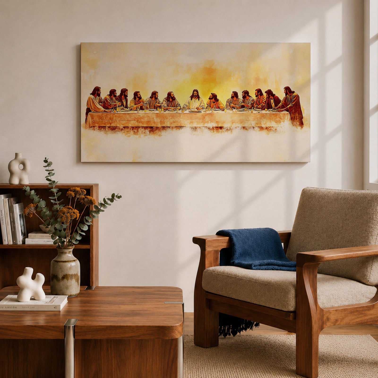 Panoramic painting of Jesus seated at the center of a long table surrounded by his apostles during the Last Supper inside a softly lit room. Thick expressive brushstrokes form flowing robes detailed faces bread and cups on the table creating a wide biblical scene with warm glowing tones and layered texture.