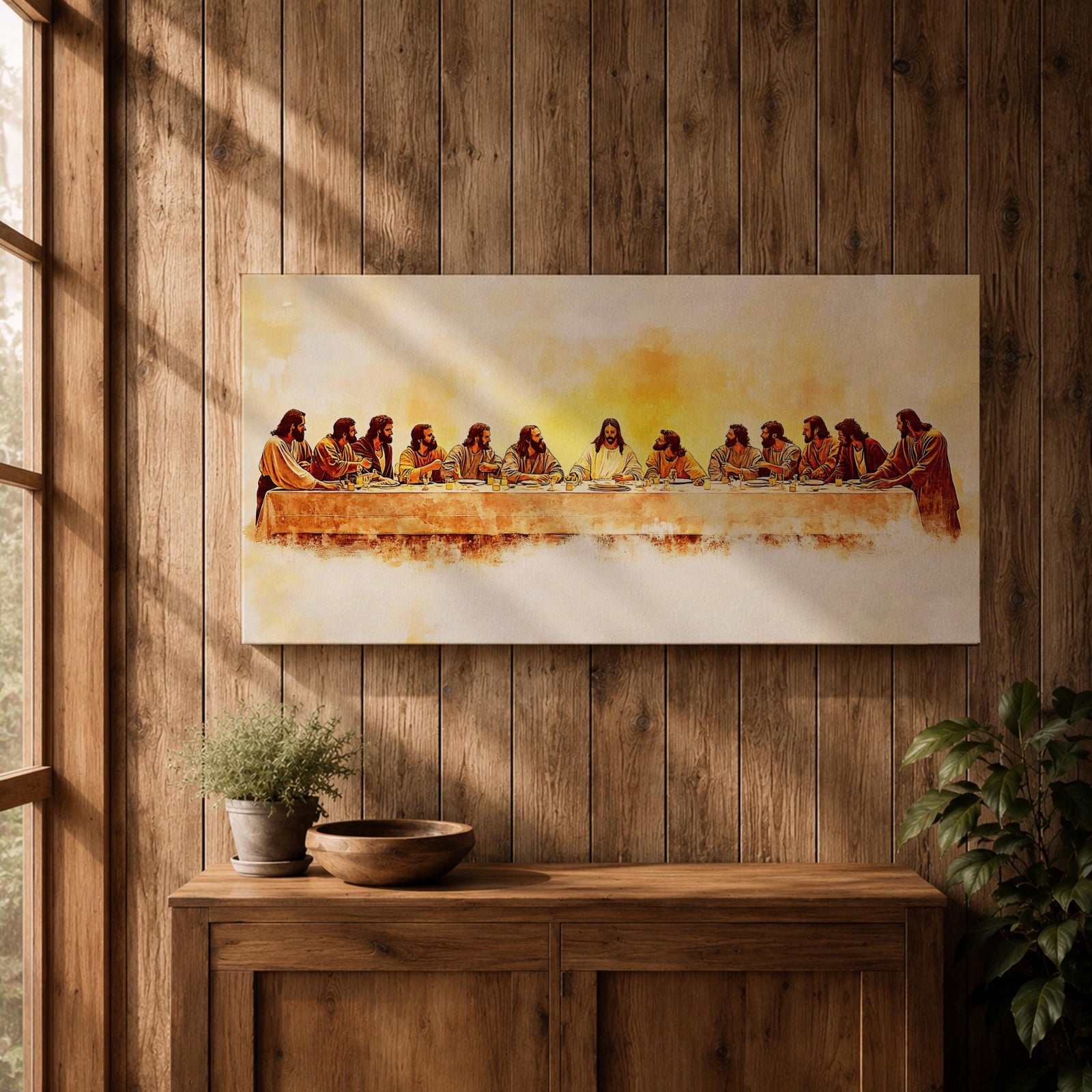 Panoramic painting of Jesus seated at the center of a long table surrounded by his apostles during the Last Supper inside a softly lit room. Thick expressive brushstrokes form flowing robes detailed faces bread and cups on the table creating a wide biblical scene with warm glowing tones and layered texture.