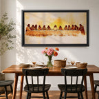 Panoramic painting of Jesus seated at the center of a long table surrounded by his apostles during the Last Supper inside a softly lit room. Thick expressive brushstrokes form flowing robes detailed faces bread and cups on the table creating a wide biblical scene with warm glowing tones and layered texture.