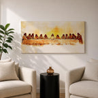 Panoramic painting of Jesus seated at the center of a long table surrounded by his apostles during the Last Supper inside a softly lit room. Thick expressive brushstrokes form flowing robes detailed faces bread and cups on the table creating a wide biblical scene with warm glowing tones and layered texture.
