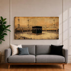 Panoramic sepia toned illustration of the Kaaba centered within the Masjid Al Haram courtyard in Mecca surrounded by worshippers. Tall minarets and arched colonnades frame the sacred cube while the expansive marble plaza and distant cityscape extend across the wide horizontal composition.