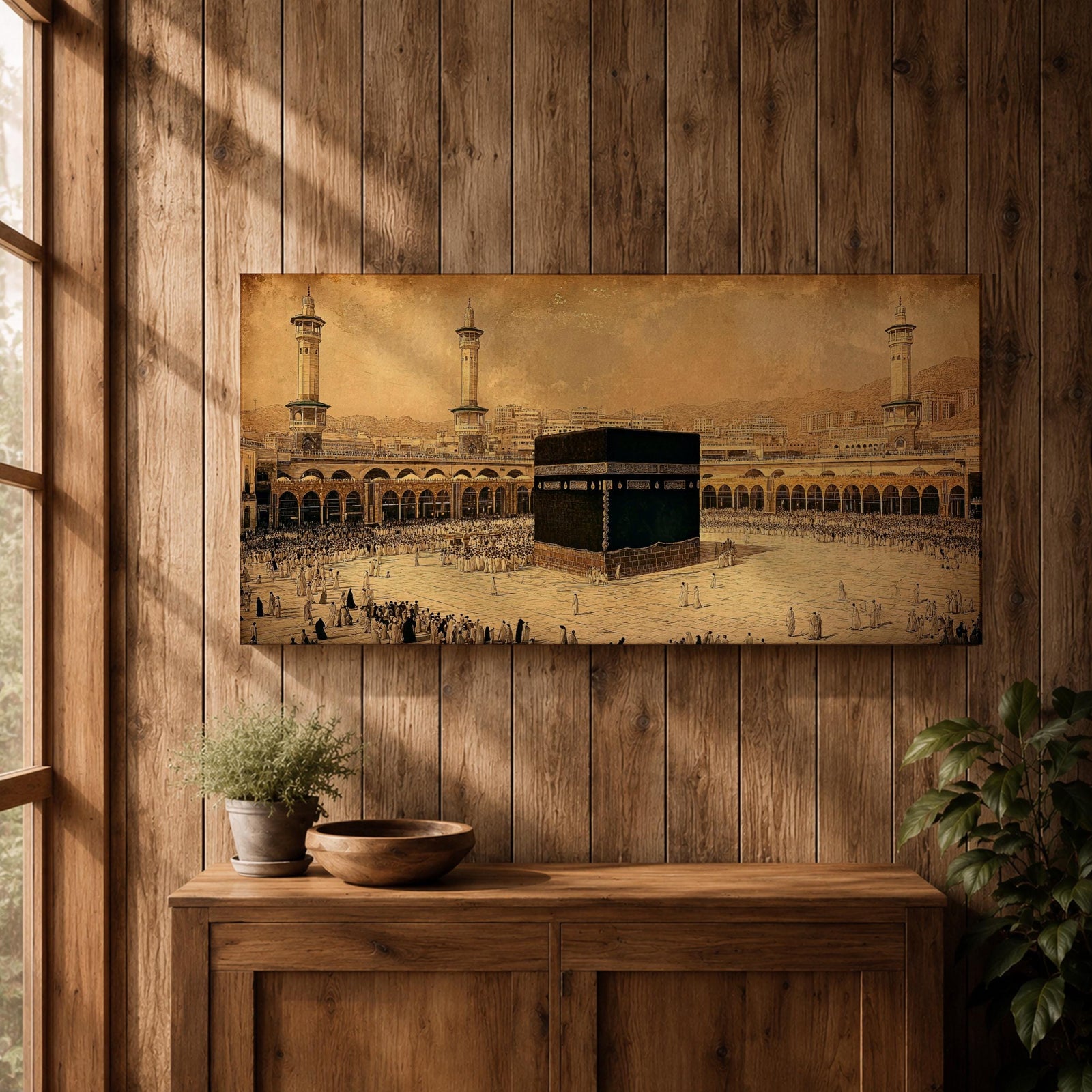 Panoramic sepia toned illustration of the Kaaba centered within the Masjid Al Haram courtyard in Mecca surrounded by worshippers. Tall minarets and arched colonnades frame the sacred cube while the expansive marble plaza and distant cityscape extend across the wide horizontal composition.