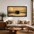 Panoramic sepia toned illustration of the Kaaba centered within the Masjid Al Haram courtyard in Mecca surrounded by worshippers. Tall minarets and arched colonnades frame the sacred cube while the expansive marble plaza and distant cityscape extend across the wide horizontal composition.