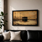 Panoramic sepia toned illustration of the Kaaba centered within the Masjid Al Haram courtyard in Mecca surrounded by worshippers. Tall minarets and arched colonnades frame the sacred cube while the expansive marble plaza and distant cityscape extend across the wide horizontal composition.
