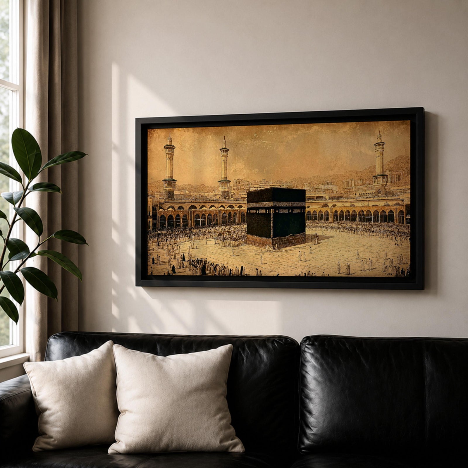 Panoramic sepia toned illustration of the Kaaba centered within the Masjid Al Haram courtyard in Mecca surrounded by worshippers. Tall minarets and arched colonnades frame the sacred cube while the expansive marble plaza and distant cityscape extend across the wide horizontal composition.