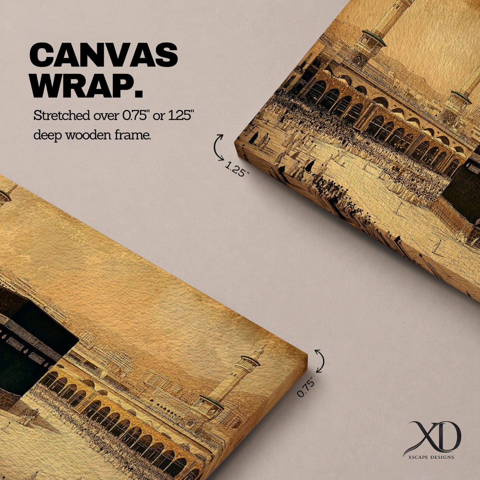 Panoramic sepia toned illustration of the Kaaba centered within the Masjid Al Haram courtyard in Mecca surrounded by worshippers. Tall minarets and arched colonnades frame the sacred cube while the expansive marble plaza and distant cityscape extend across the wide horizontal composition.