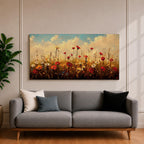 Panoramic painting of a colorful wildflower meadow filled with blooming pink yellow blue and white flowers stretching across rolling green fields beneath a soft sky. Thick palette knife brushstrokes create textured petals tall grasses and distant hills forming a wide natural landscape bursting with seasonal color.