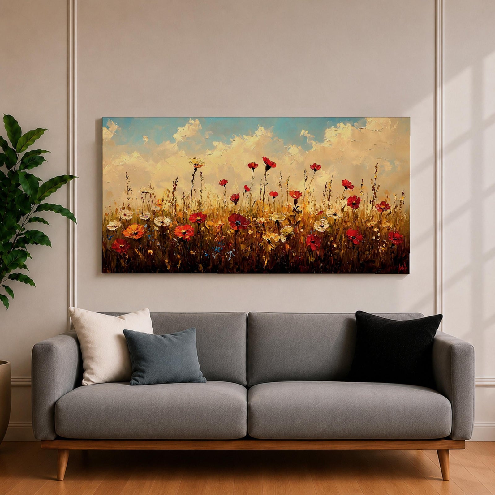 Panoramic painting of a colorful wildflower meadow filled with blooming pink yellow blue and white flowers stretching across rolling green fields beneath a soft sky. Thick palette knife brushstrokes create textured petals tall grasses and distant hills forming a wide natural landscape bursting with seasonal color.