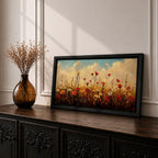 Panoramic painting of a colorful wildflower meadow filled with blooming pink yellow blue and white flowers stretching across rolling green fields beneath a soft sky. Thick palette knife brushstrokes create textured petals tall grasses and distant hills forming a wide natural landscape bursting with seasonal color.