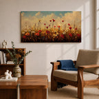 Panoramic painting of a colorful wildflower meadow filled with blooming pink yellow blue and white flowers stretching across rolling green fields beneath a soft sky. Thick palette knife brushstrokes create textured petals tall grasses and distant hills forming a wide natural landscape bursting with seasonal color.