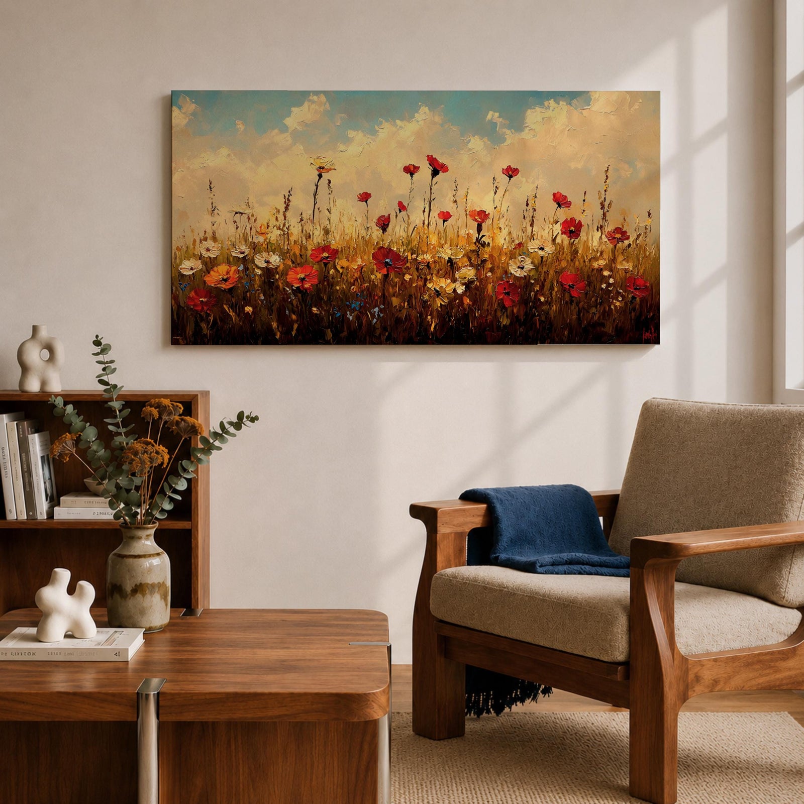 Panoramic painting of a colorful wildflower meadow filled with blooming pink yellow blue and white flowers stretching across rolling green fields beneath a soft sky. Thick palette knife brushstrokes create textured petals tall grasses and distant hills forming a wide natural landscape bursting with seasonal color.