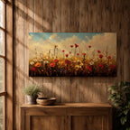Panoramic painting of a colorful wildflower meadow filled with blooming pink yellow blue and white flowers stretching across rolling green fields beneath a soft sky. Thick palette knife brushstrokes create textured petals tall grasses and distant hills forming a wide natural landscape bursting with seasonal color.