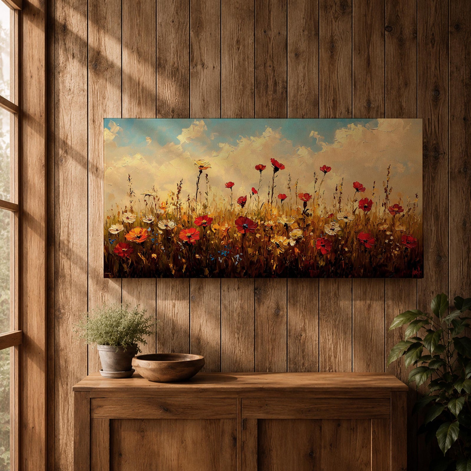Panoramic painting of a colorful wildflower meadow filled with blooming pink yellow blue and white flowers stretching across rolling green fields beneath a soft sky. Thick palette knife brushstrokes create textured petals tall grasses and distant hills forming a wide natural landscape bursting with seasonal color.