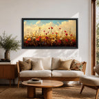 Panoramic painting of a colorful wildflower meadow filled with blooming pink yellow blue and white flowers stretching across rolling green fields beneath a soft sky. Thick palette knife brushstrokes create textured petals tall grasses and distant hills forming a wide natural landscape bursting with seasonal color.