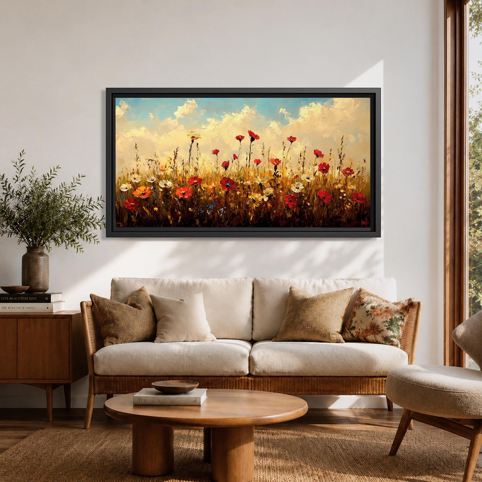 Panoramic painting of a colorful wildflower meadow filled with blooming pink yellow blue and white flowers stretching across rolling green fields beneath a soft sky. Thick palette knife brushstrokes create textured petals tall grasses and distant hills forming a wide natural landscape bursting with seasonal color.