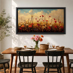 Panoramic painting of a colorful wildflower meadow filled with blooming pink yellow blue and white flowers stretching across rolling green fields beneath a soft sky. Thick palette knife brushstrokes create textured petals tall grasses and distant hills forming a wide natural landscape bursting with seasonal color.