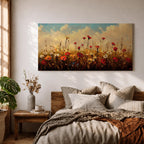 Panoramic painting of a colorful wildflower meadow filled with blooming pink yellow blue and white flowers stretching across rolling green fields beneath a soft sky. Thick palette knife brushstrokes create textured petals tall grasses and distant hills forming a wide natural landscape bursting with seasonal color.