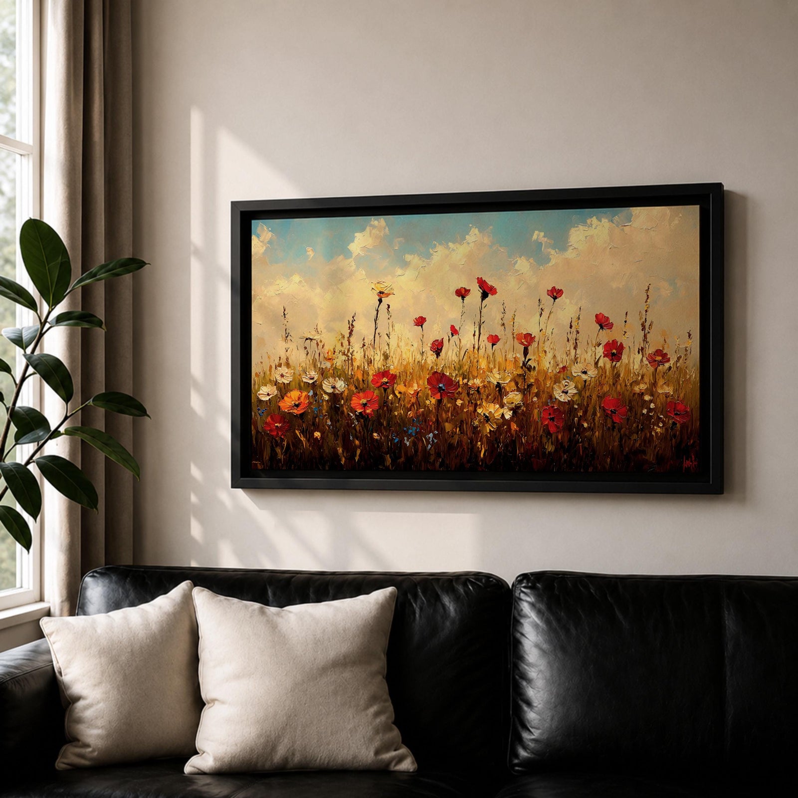 Panoramic painting of a colorful wildflower meadow filled with blooming pink yellow blue and white flowers stretching across rolling green fields beneath a soft sky. Thick palette knife brushstrokes create textured petals tall grasses and distant hills forming a wide natural landscape bursting with seasonal color.