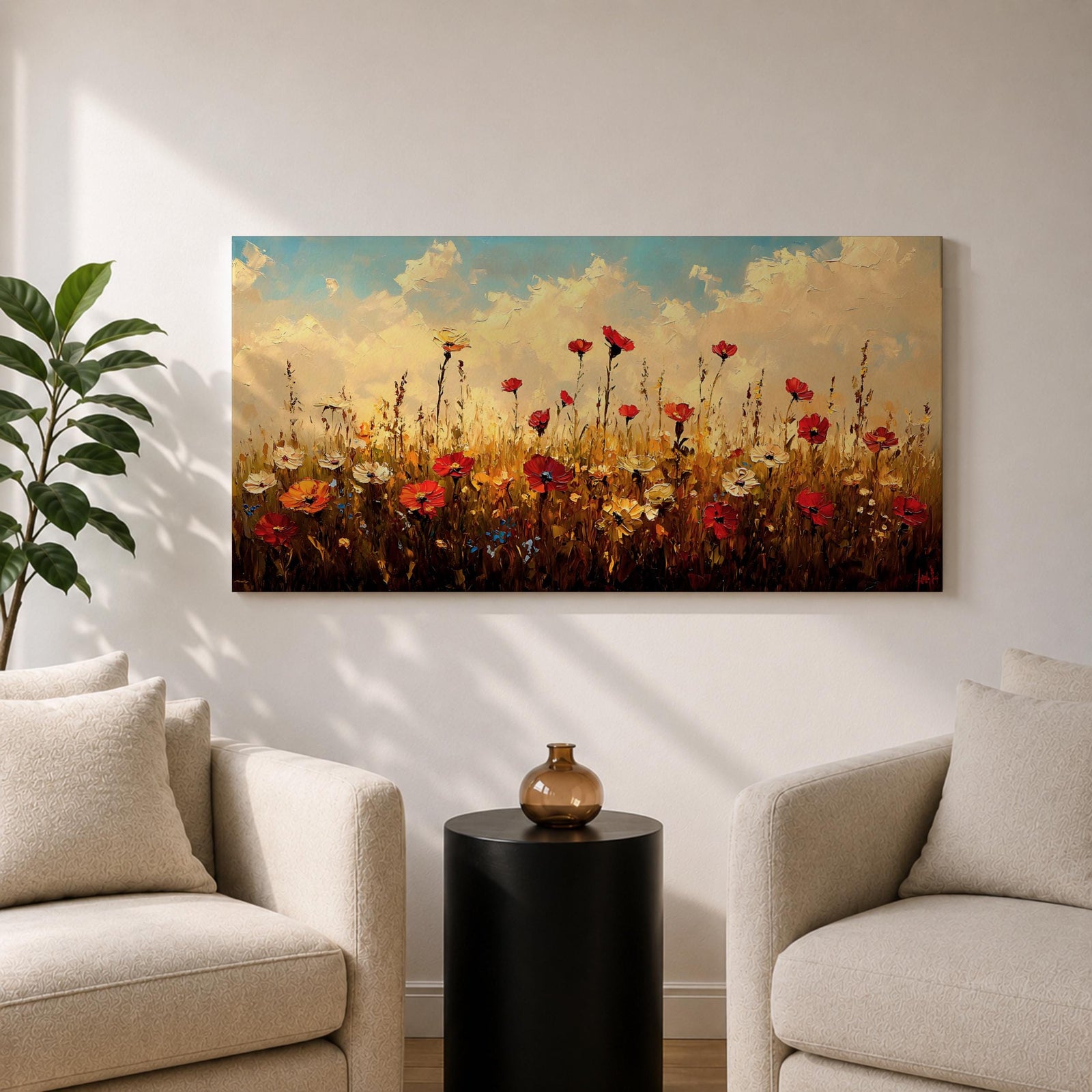 Panoramic painting of a colorful wildflower meadow filled with blooming pink yellow blue and white flowers stretching across rolling green fields beneath a soft sky. Thick palette knife brushstrokes create textured petals tall grasses and distant hills forming a wide natural landscape bursting with seasonal color.