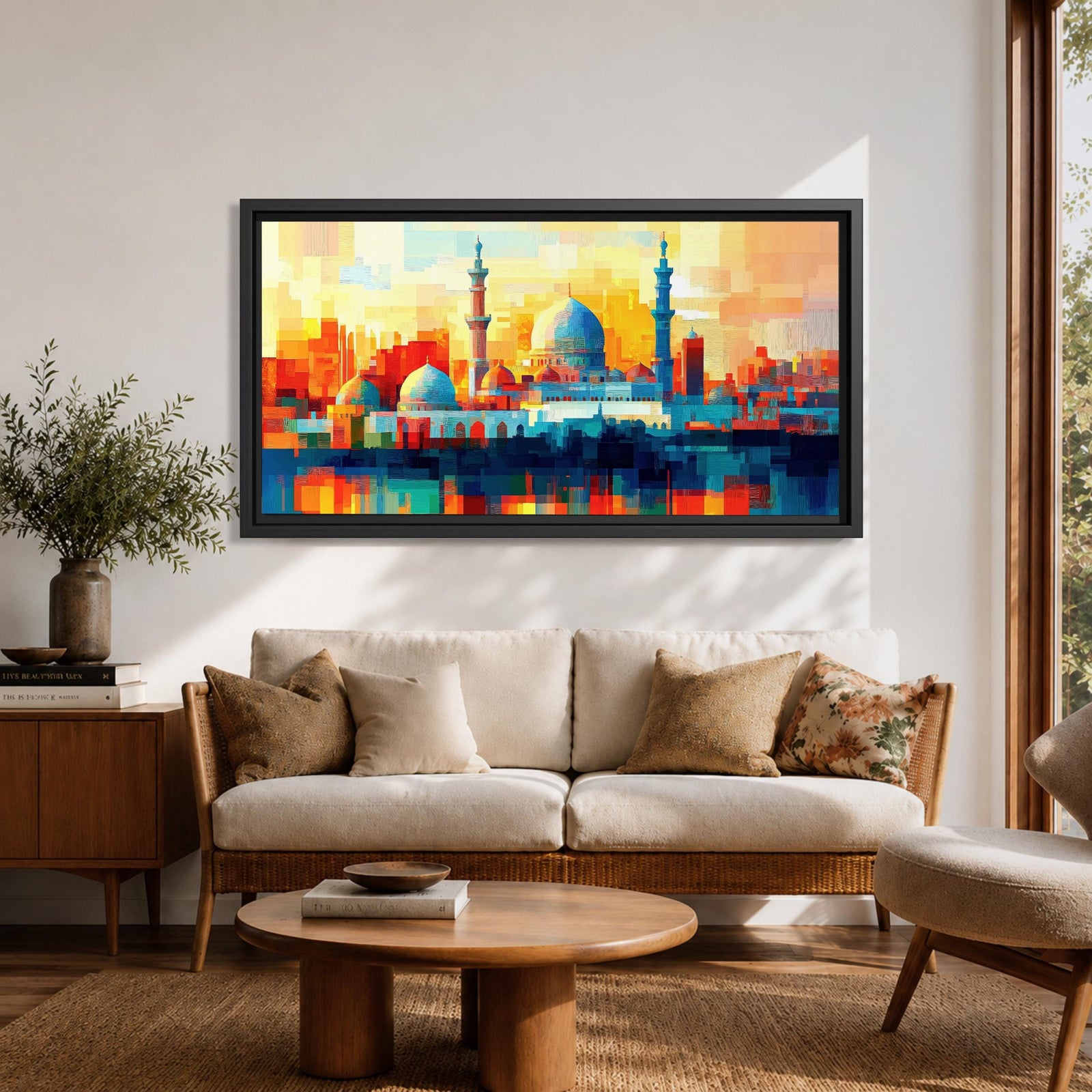 Panoramic abstract painting of Al Masjid an Nabawi in Medina featuring the mosque domes and tall minarets with the iconic green dome at the center. The architecture is rendered with geometric block brushstrokes in vibrant blues, reds, yellows and oranges creating a modern cityscape style composition.