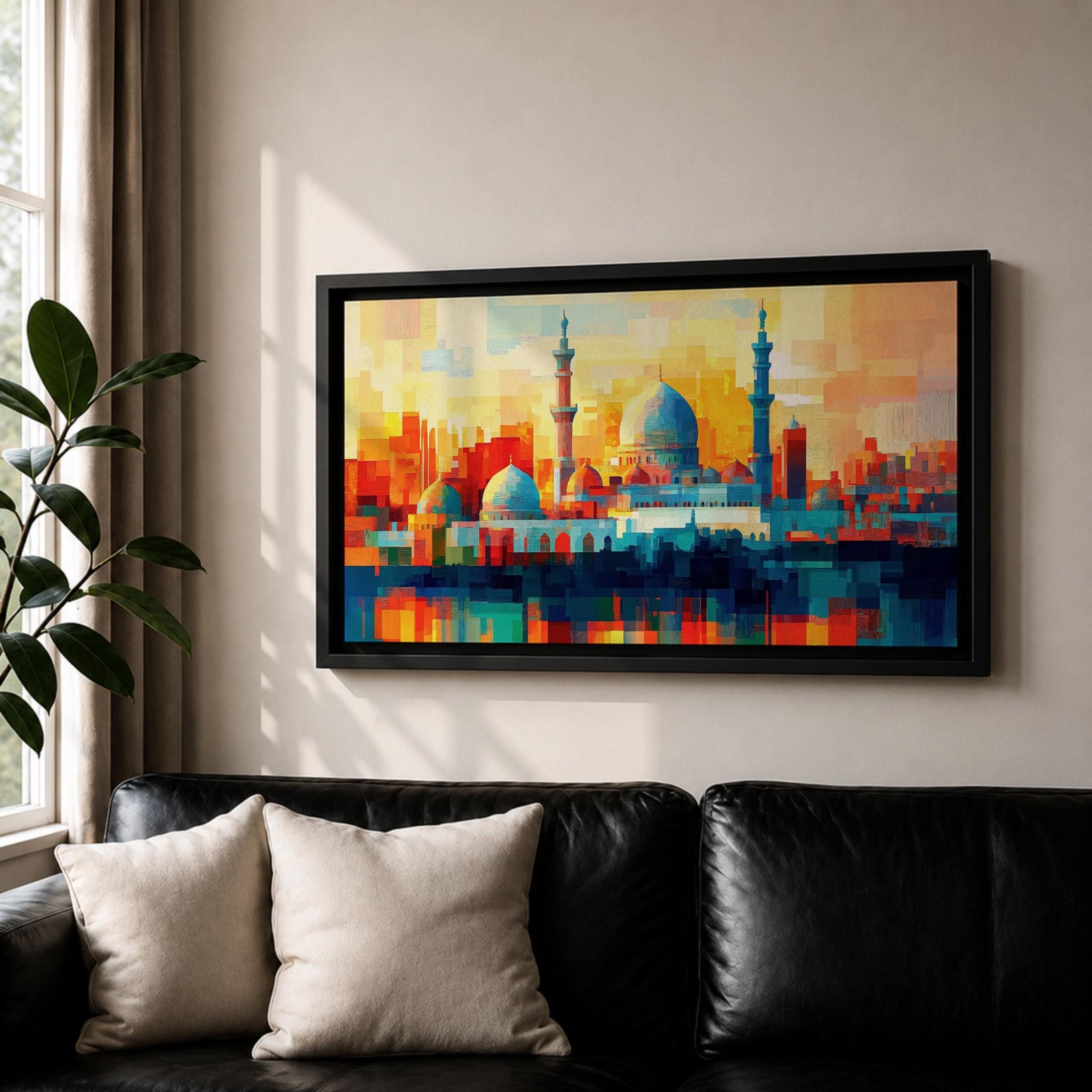 Panoramic abstract painting of Al Masjid an Nabawi in Medina featuring the mosque domes and tall minarets with the iconic green dome at the center. The architecture is rendered with geometric block brushstrokes in vibrant blues, reds, yellows and oranges creating a modern cityscape style composition.