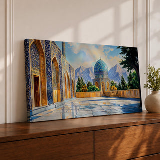 Panoramic painting of a Persian mosque courtyard featuring a blue tiled dome with intricate geometric mosaics and ornate archways along the façade. The polished stone courtyard reflects the architecture while trees and distant mountains frame the detailed Islamic architectural scene beneath a bright sky.