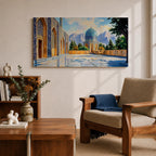 Panoramic painting of a Persian mosque courtyard featuring a blue tiled dome with intricate geometric mosaics and ornate archways along the façade. The polished stone courtyard reflects the architecture while trees and distant mountains frame the detailed Islamic architectural scene beneath a bright sky.