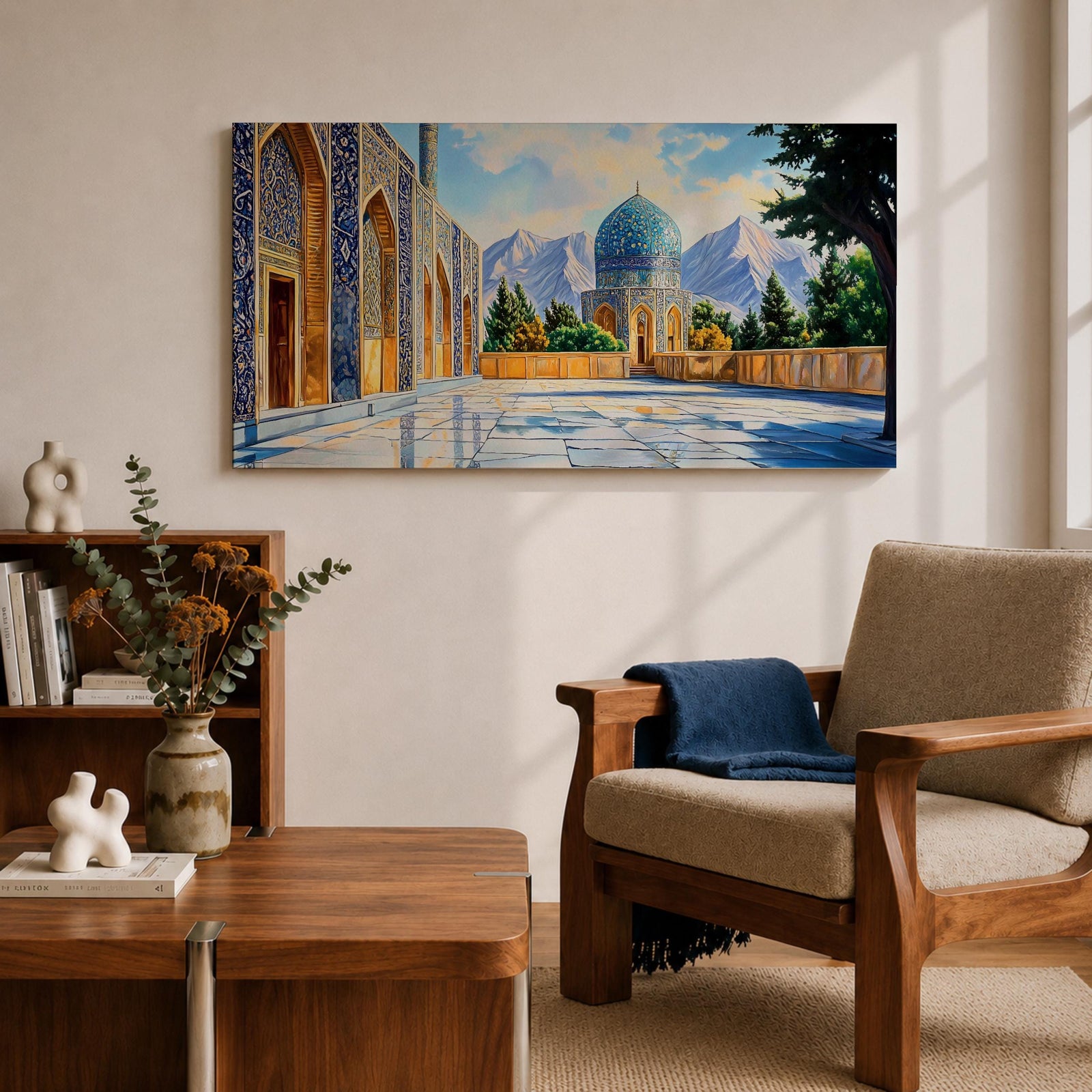 Panoramic painting of a Persian mosque courtyard featuring a blue tiled dome with intricate geometric mosaics and ornate archways along the façade. The polished stone courtyard reflects the architecture while trees and distant mountains frame the detailed Islamic architectural scene beneath a bright sky.
