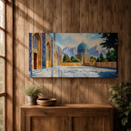Panoramic painting of a Persian mosque courtyard featuring a blue tiled dome with intricate geometric mosaics and ornate archways along the façade. The polished stone courtyard reflects the architecture while trees and distant mountains frame the detailed Islamic architectural scene beneath a bright sky.