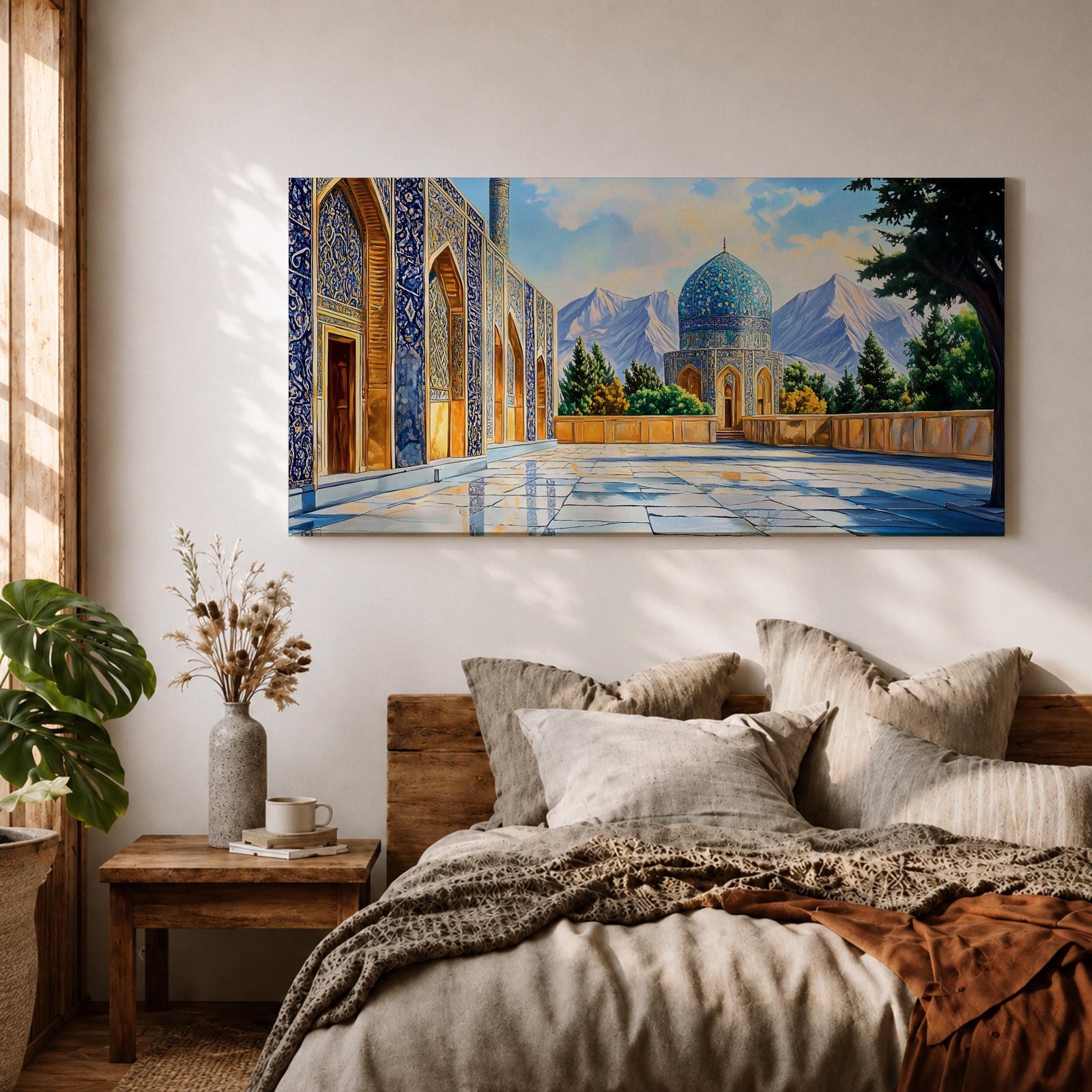 Panoramic painting of a Persian mosque courtyard featuring a blue tiled dome with intricate geometric mosaics and ornate archways along the façade. The polished stone courtyard reflects the architecture while trees and distant mountains frame the detailed Islamic architectural scene beneath a bright sky.